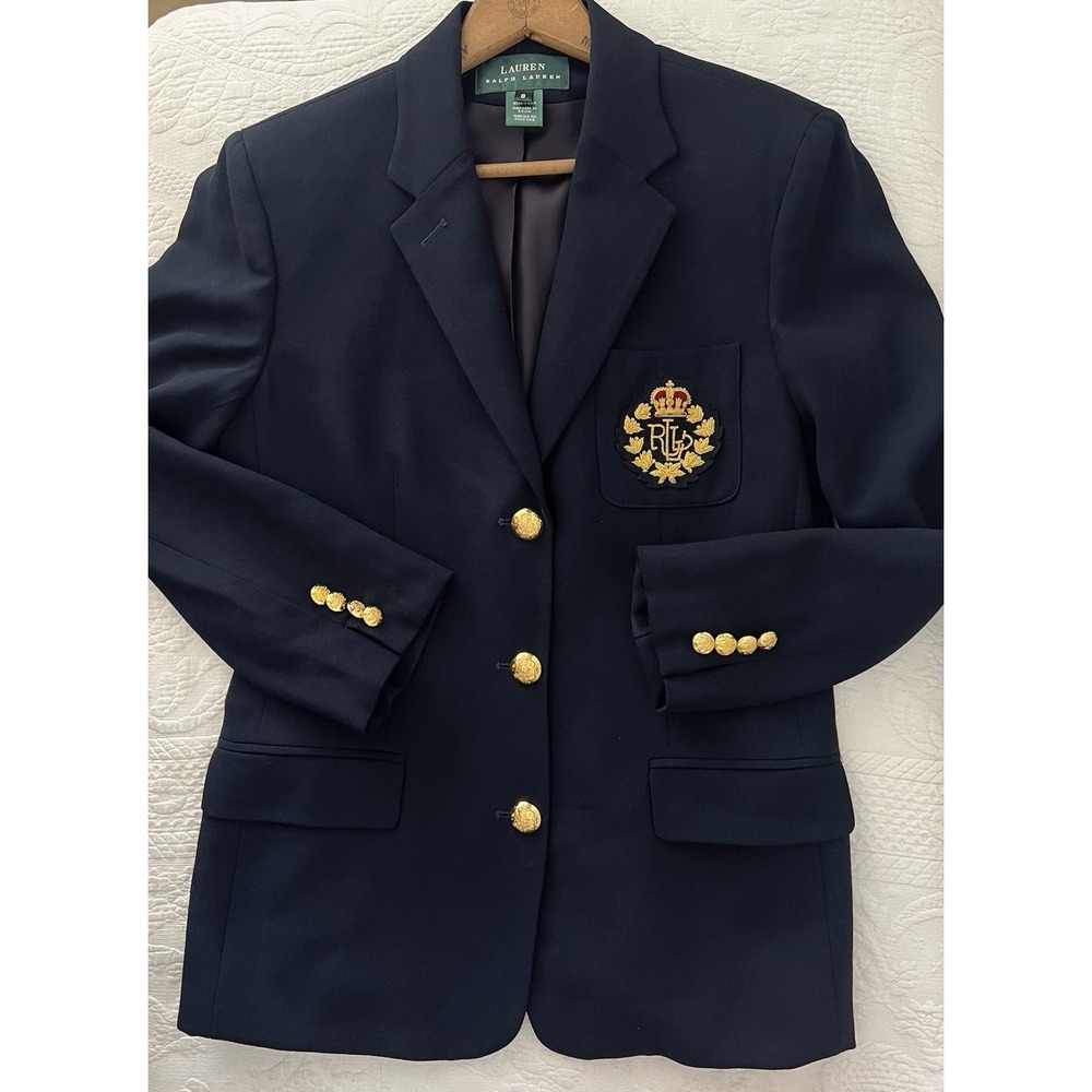 Vintage Ralph Lauren Worsted Wool Crown Crest Blazer Navy Gold Button Size 8 USA
